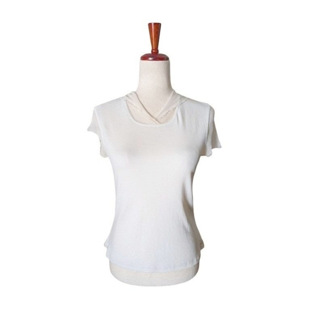 Poleci Cream Sheer Trim Cap Sleeve Hoodie Top Size L